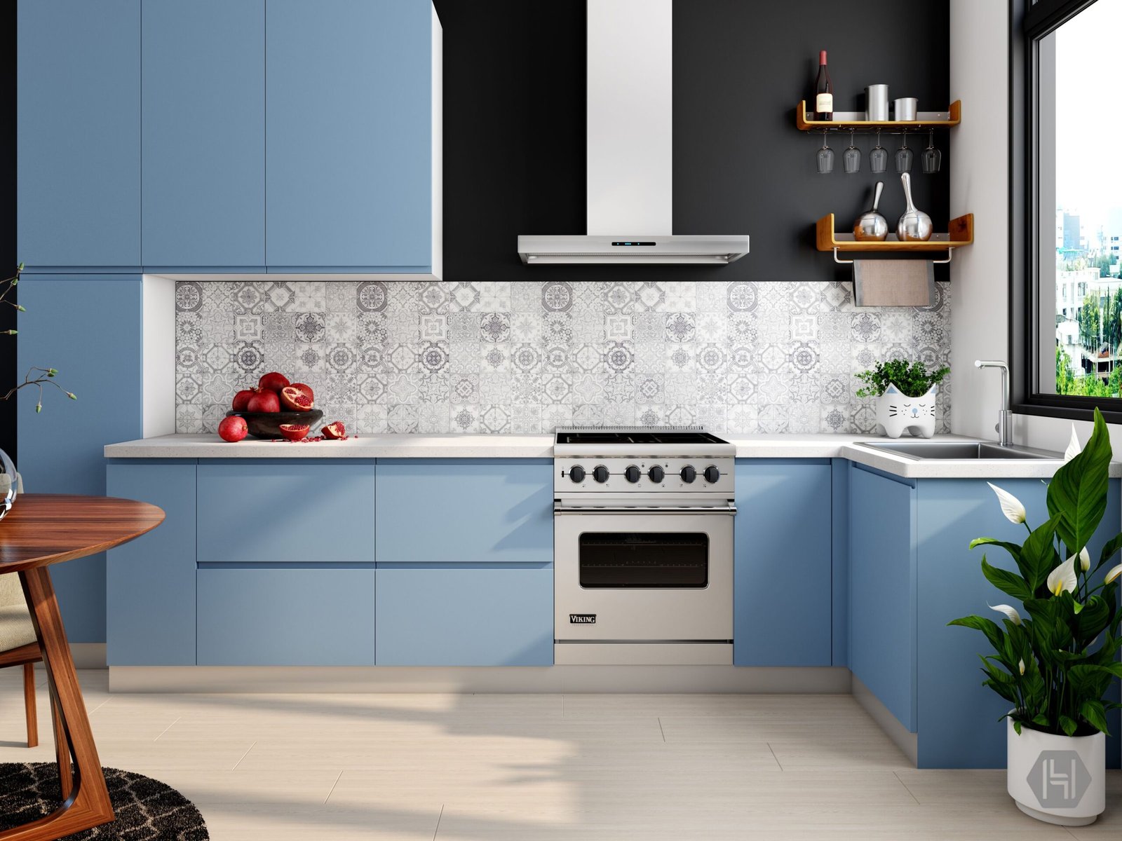 Modular kitchen interior Kanpur blue cabinets with white backsplash