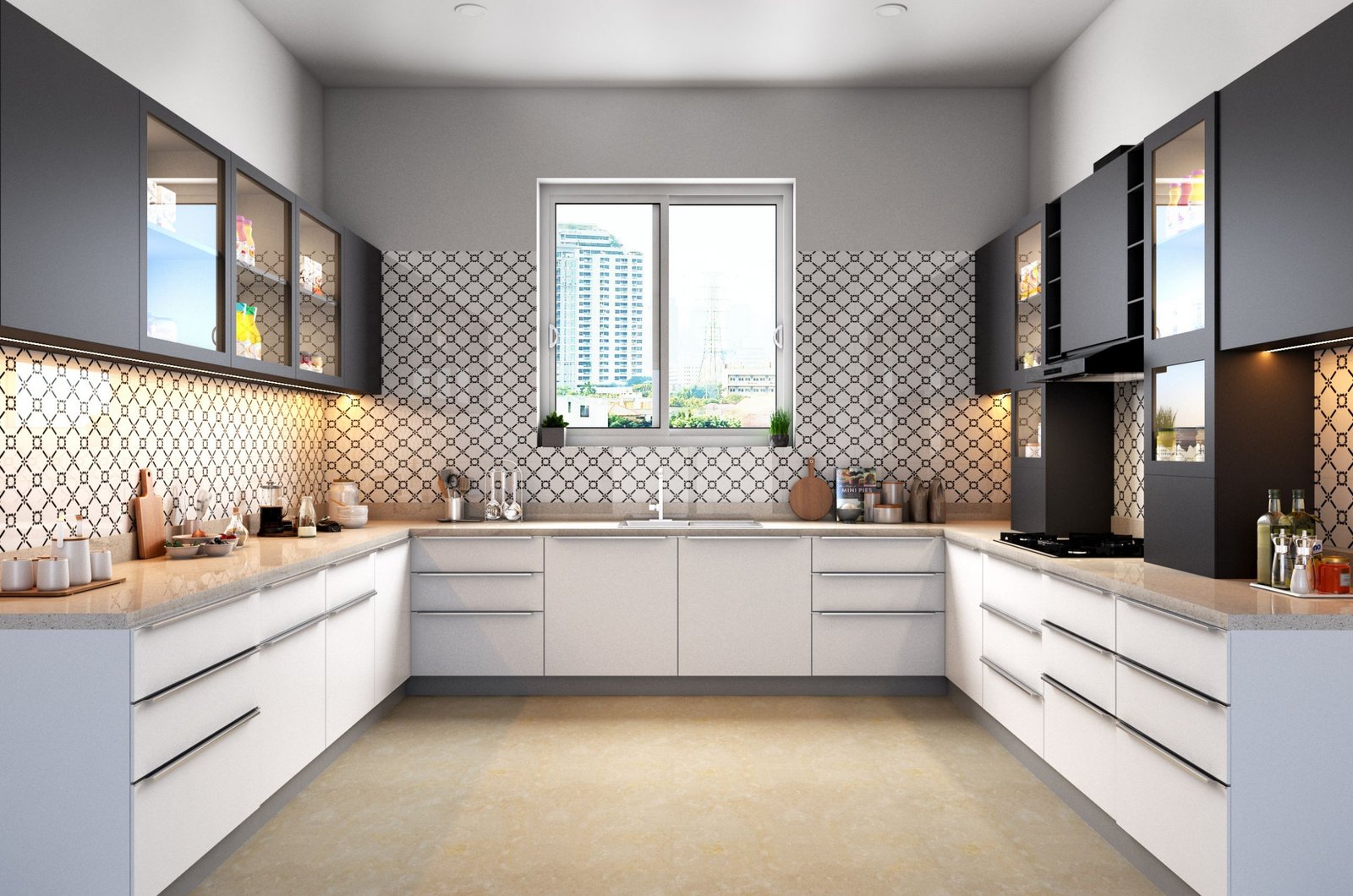 Modular kitchen in Kanpur with sleek contemporary cabinets and tile backsplash