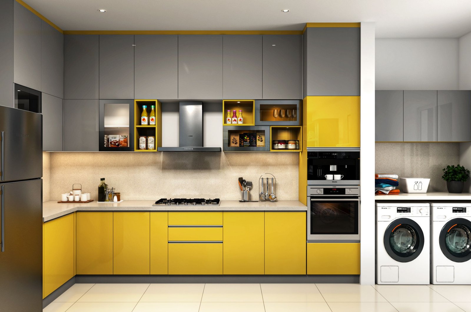 Modular kitchen Kanpur bright yellow cabinets modern Indian kitchen design